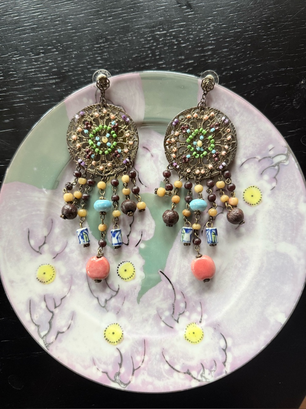 VTG 90s Boho Beaded Filigree Chandelier Statement Earrings